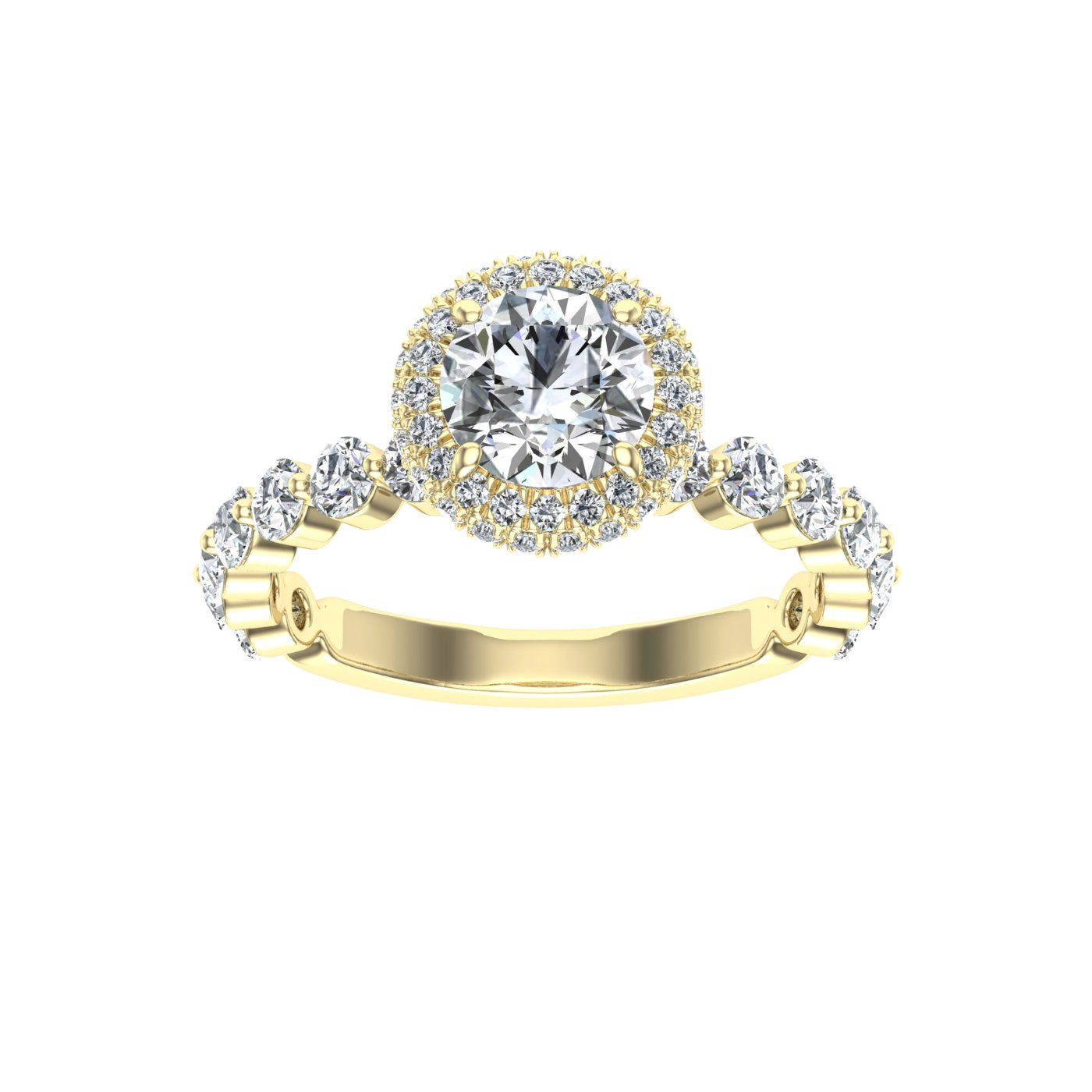 Engraved Round Cut Double Edge Halo Moissanite Engagement Ring Yellow Gold